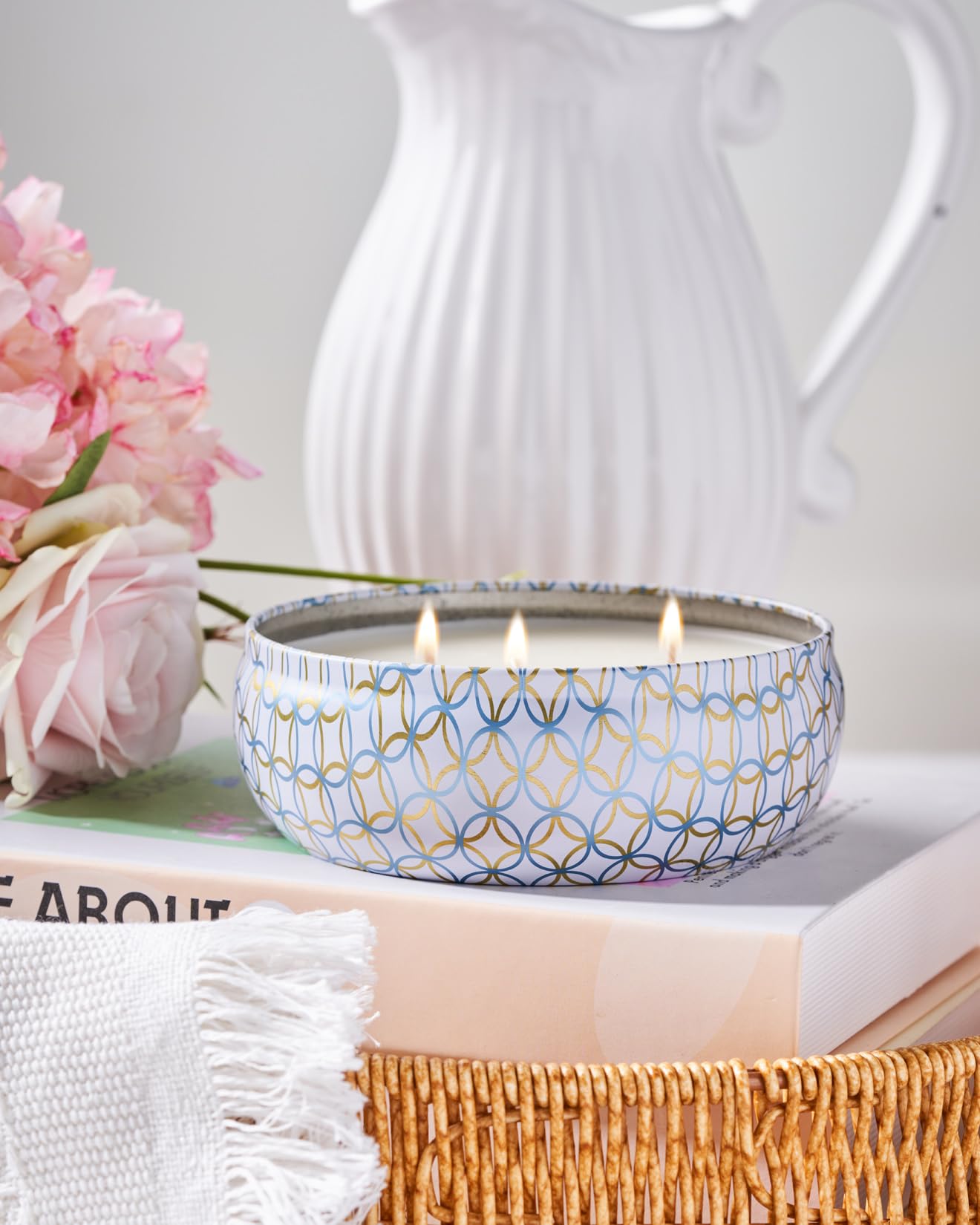 MSENSE Coconut Beach Candle creates cozy room ambiance in living spaces.