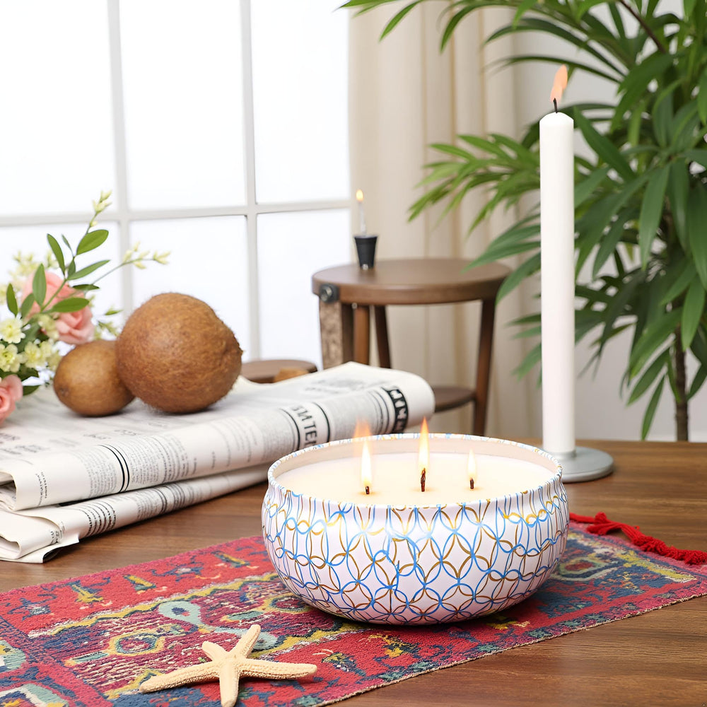 MSENSE Coconut Beach candle tin detail with floral pattern adds chic decor.