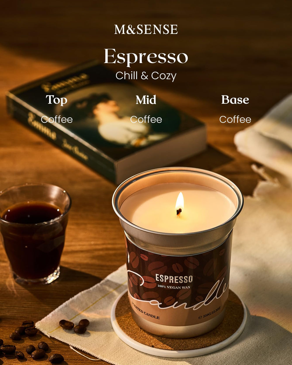M&SENSE Espresso Candle 7oz packaging shown for gifting.