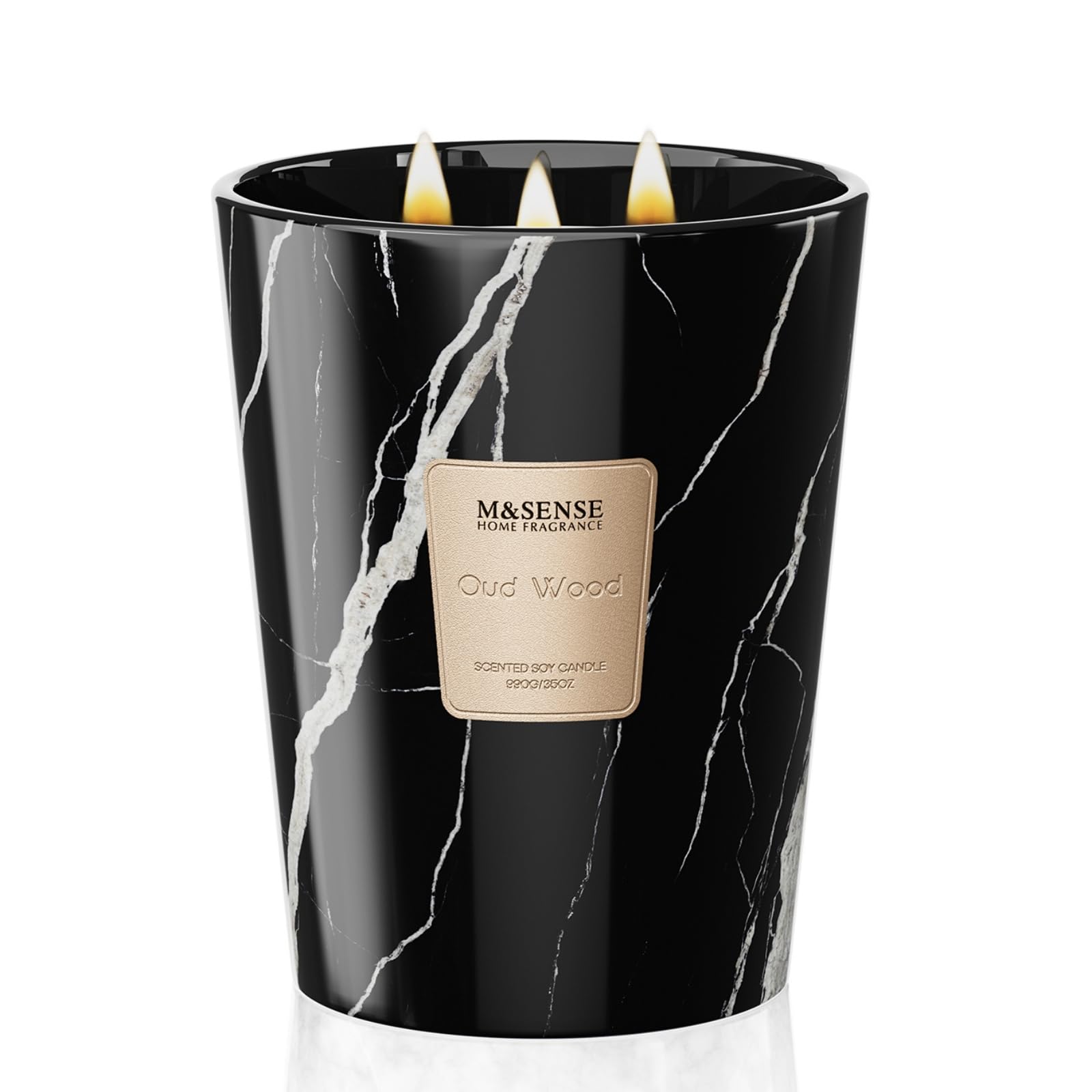 M&SENSE extra-large OudWood candle in marble jar delivering lasting aroma.