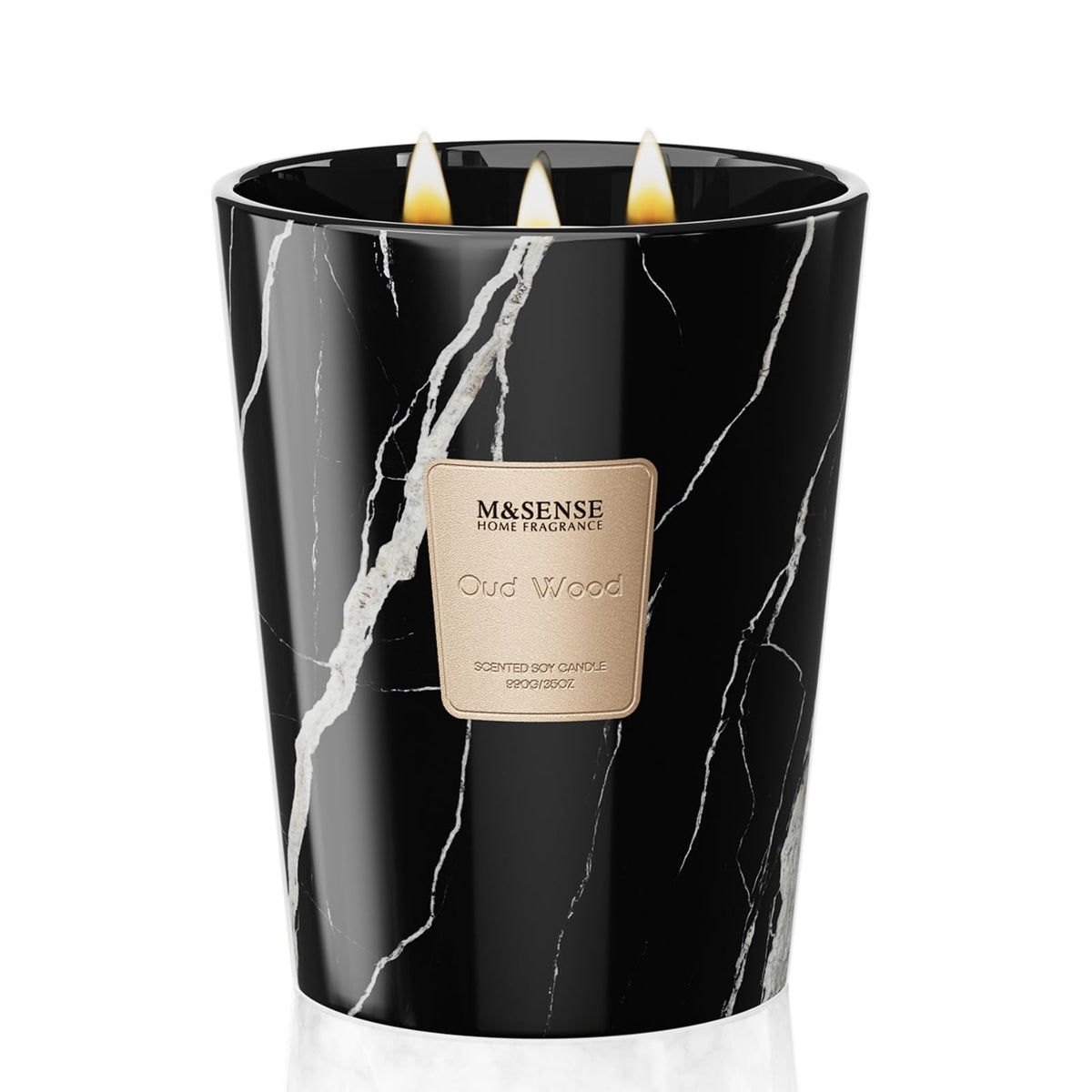 M&SENSE extra-large OudWood candle in marble jar delivering lasting aroma.
