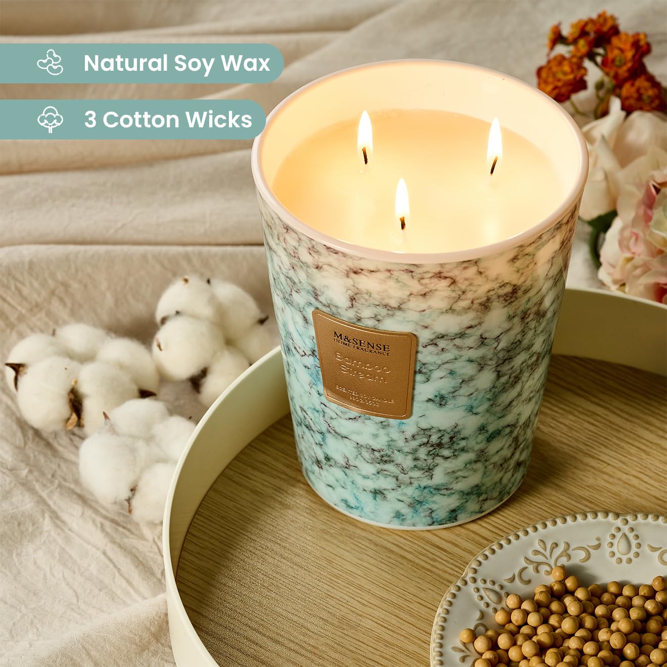 M&SENSE candle jar detail highlights marble texture for elegant home decor