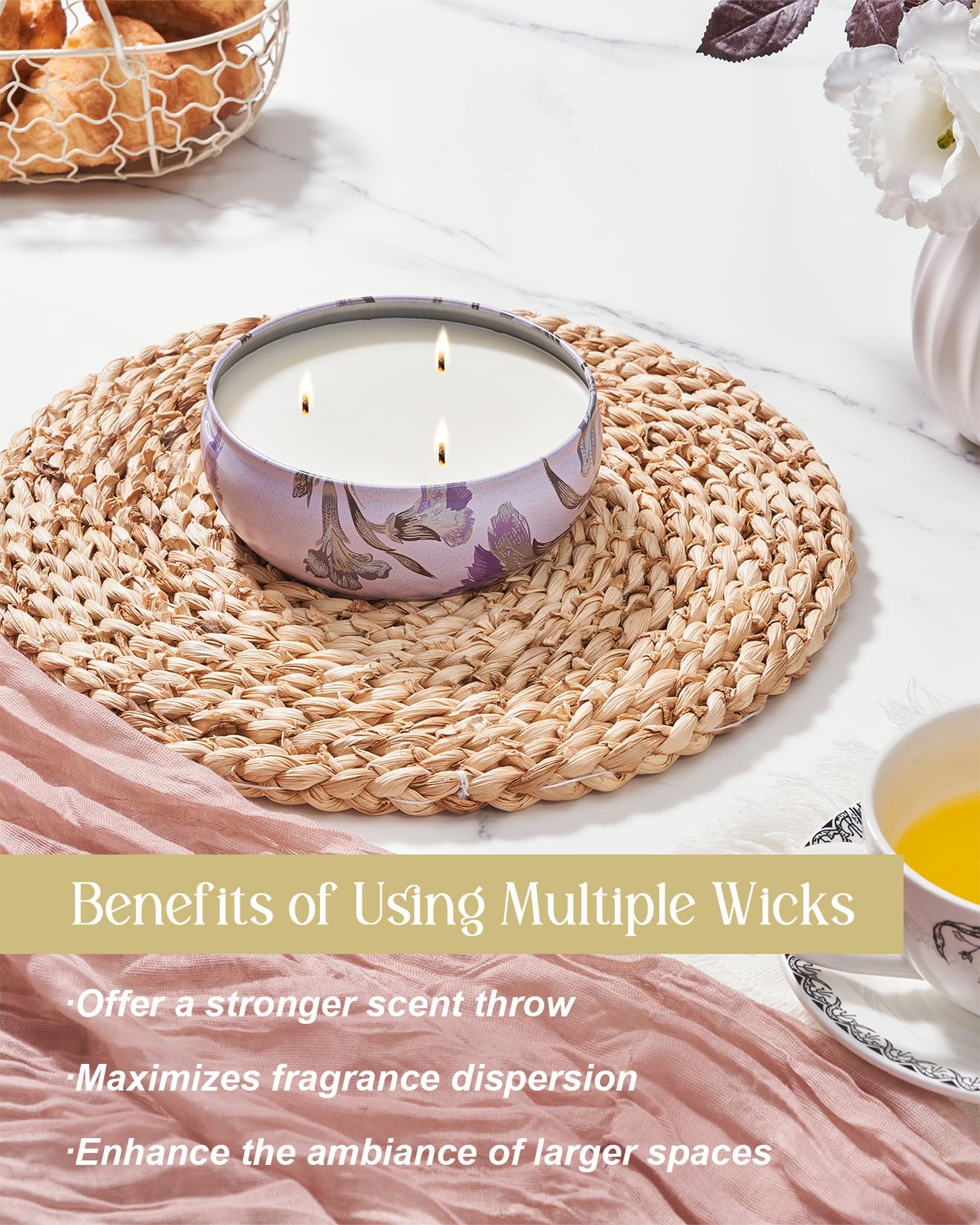M&SENSE cotton wicks burn evenly for a steady fragrance release.