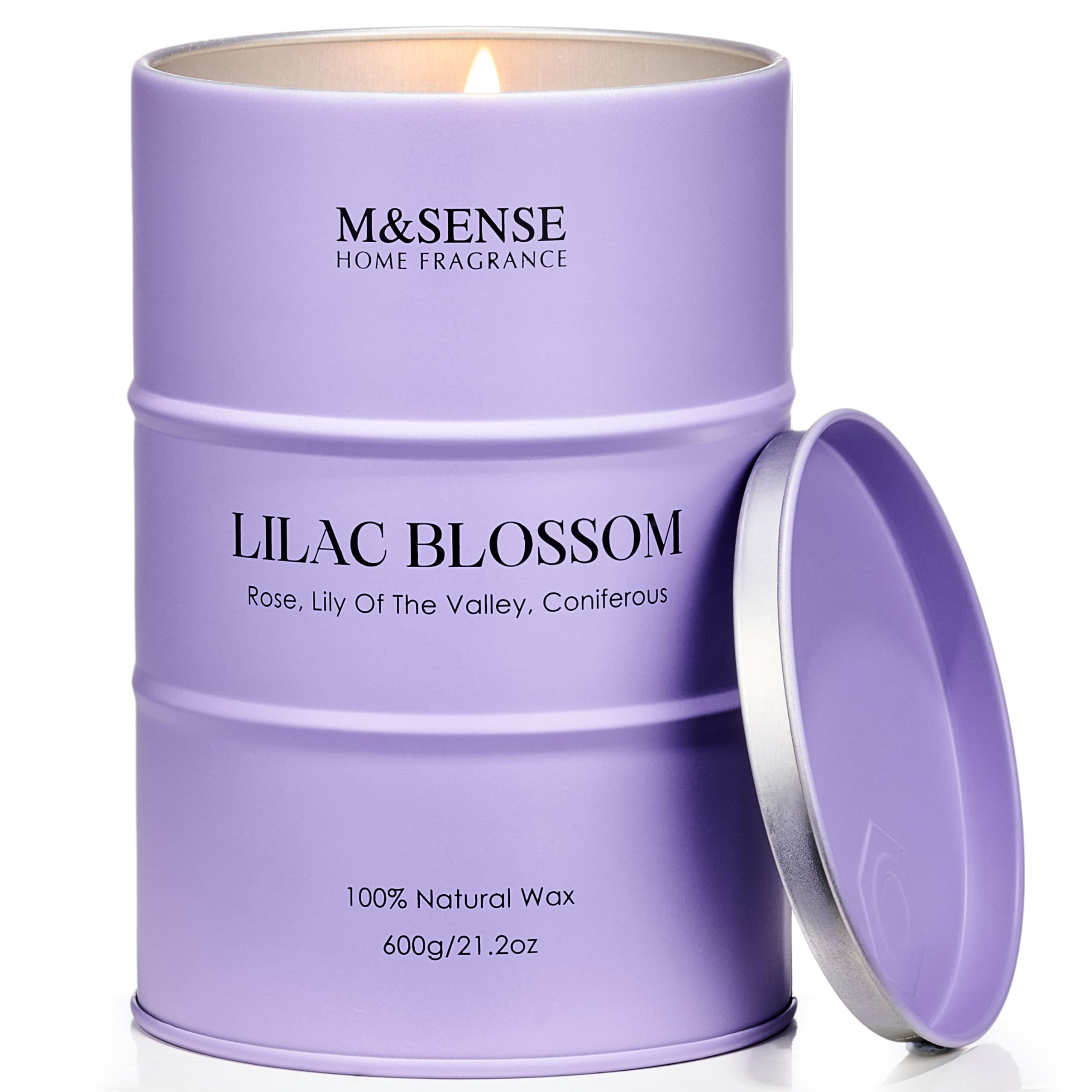 Msense Lilac Blossom candle tin in close view showing calm room scent