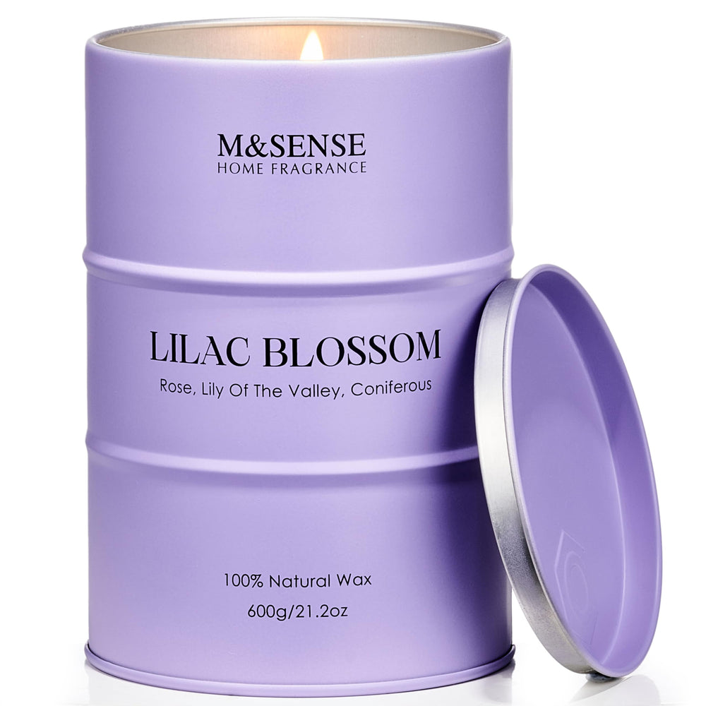 Msense Lilac Blossom candle tin in close view showing calm room scent
