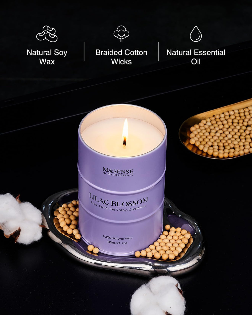Msense Lilac Blossom wick burn displaying steady flame and even burn