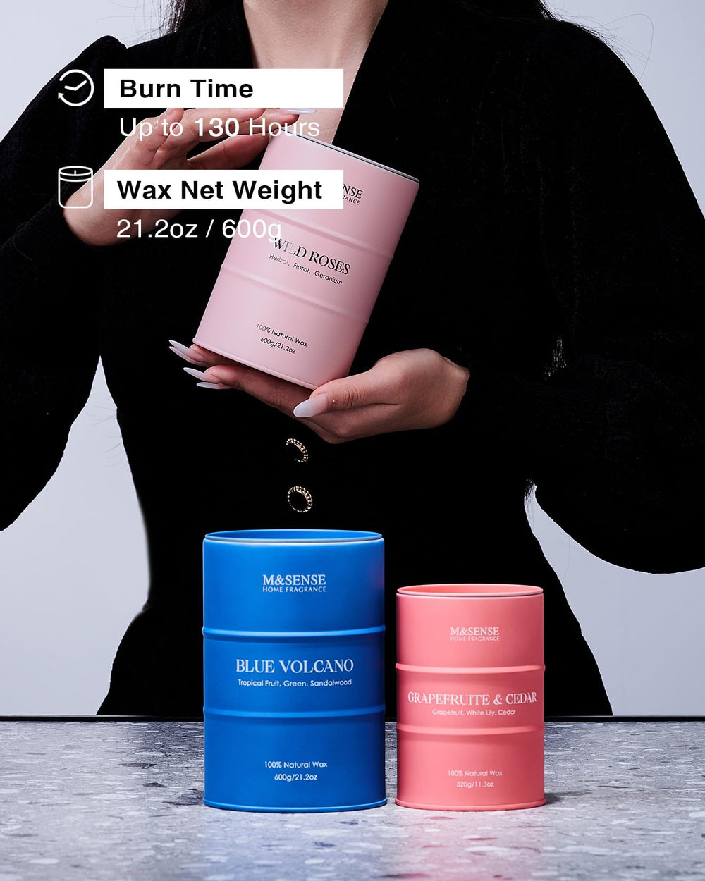 M&SENSE Litchi Fizzy candle in a cozy room setting delivers room-filling aroma.