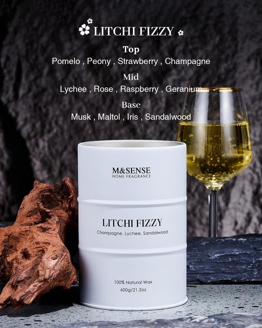 M&SENSE Litchi Fizzy candle wax blend supports a longer, cleaner burn and aroma.