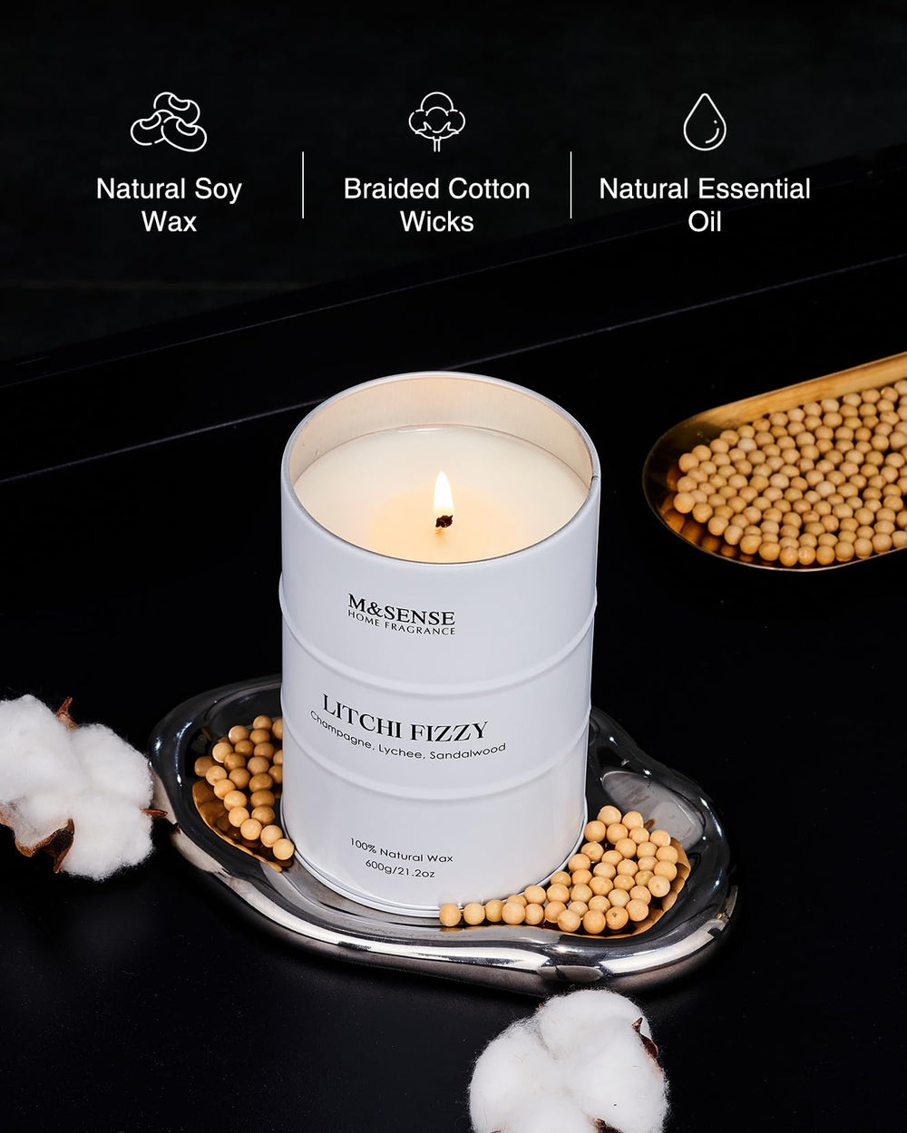 M&SENSE Litchi Fizzy candle with lead-free wick burns steadily and with less soot.