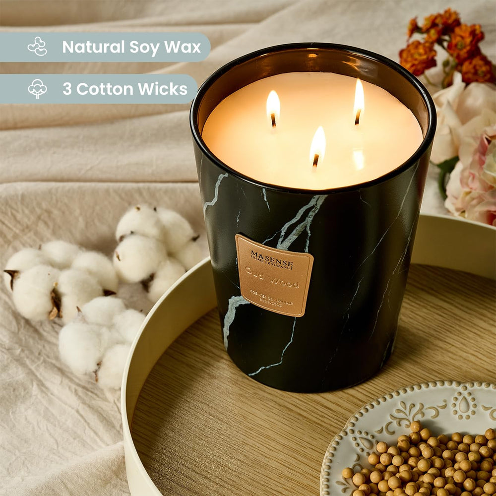 M&SENSE marble-texture jar candle made with natural soy wax for a clean burn.
