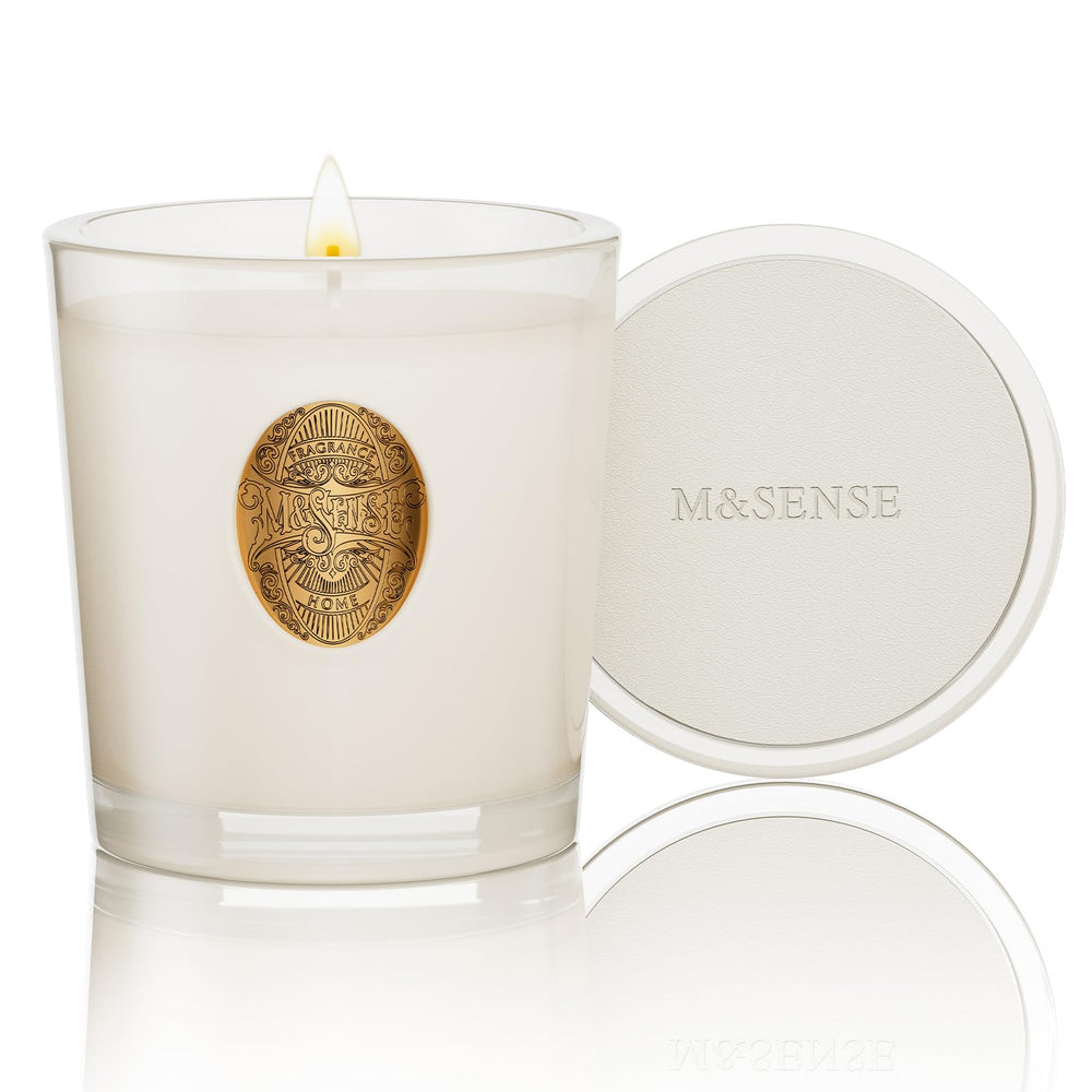 M&SENSE natural soy candle in creamy vanilla pie scent for cozy spaces.