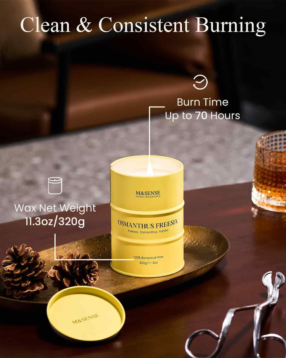 M&SENSE Osmanthus Freesia candle wick detail highlights lead-free wick for steady burn.