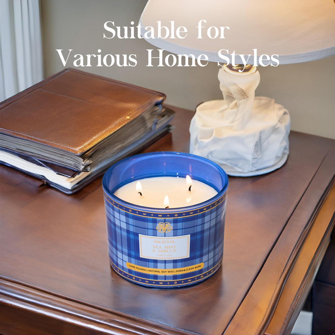 M&SENSE plaid pattern candle on coffee table enhances ambiance and spa-like relaxation.