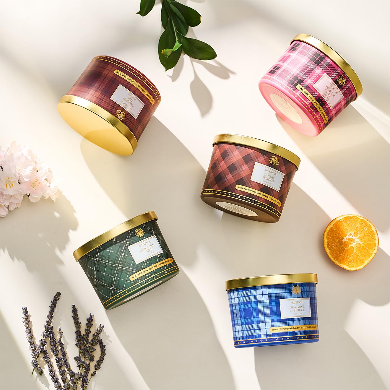 M&SENSE sea mint spruce candle boosts cozy mood in bedroom or office.