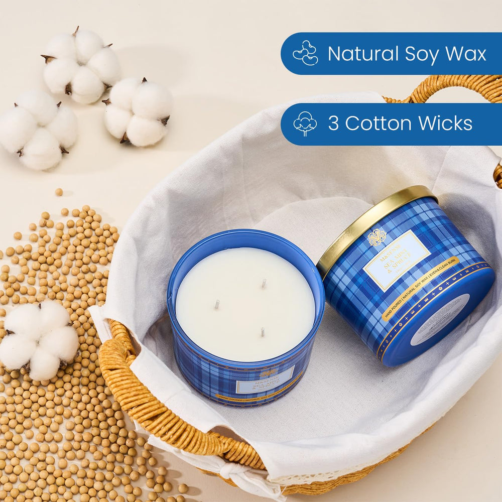 M&SENSE plaid pattern 3 wick candle closeup wicks emphasizes clean burn and balanced aroma.