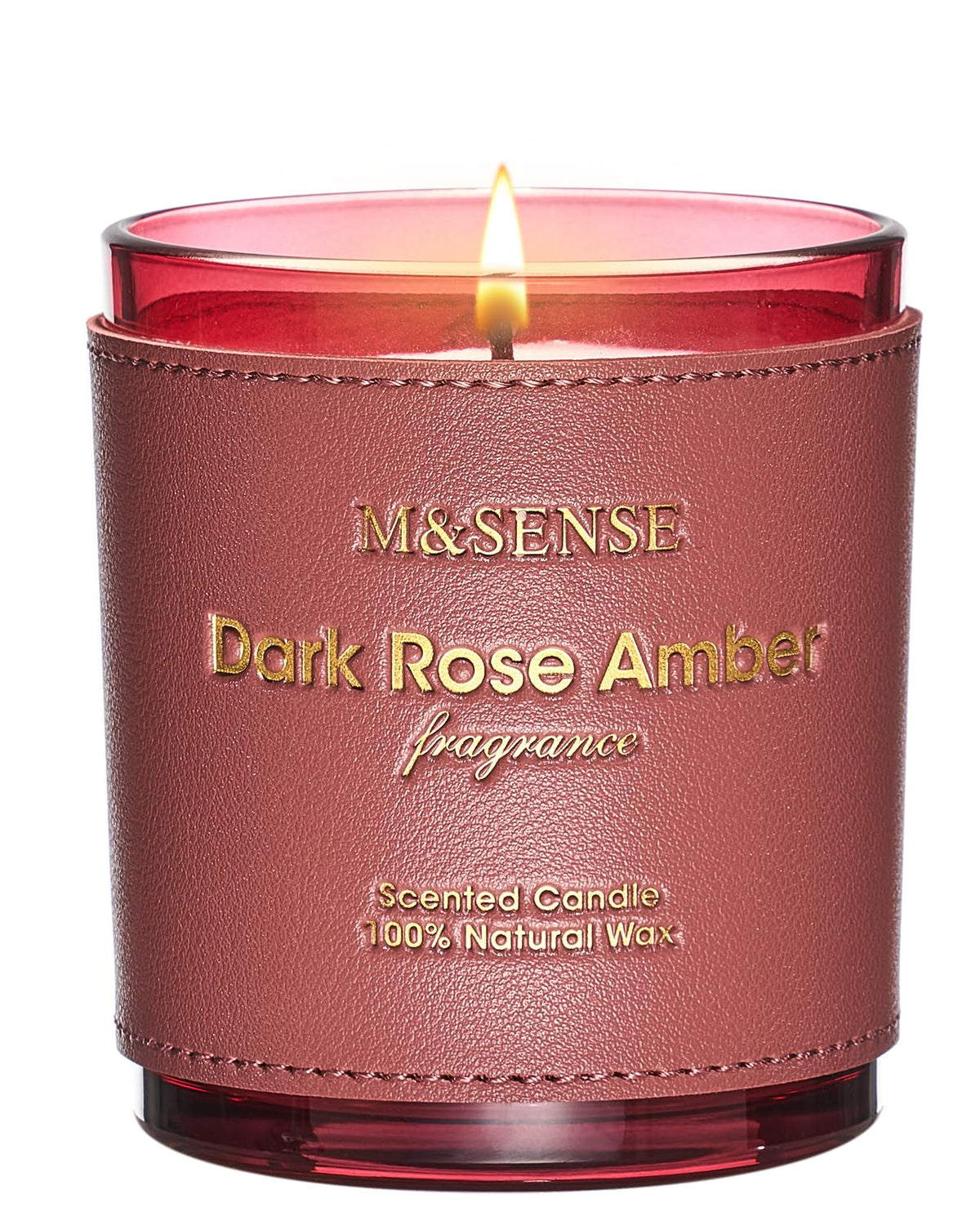 M&SENSE Rose Amber candle in a glass jar emits warm glow for cozy evenings.