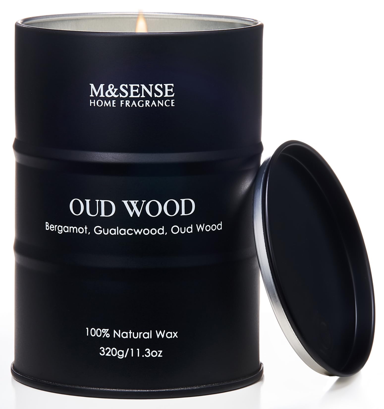 M&SENSE Sandwood candle closeup highlights creamy wax and long-lasting fragrance.