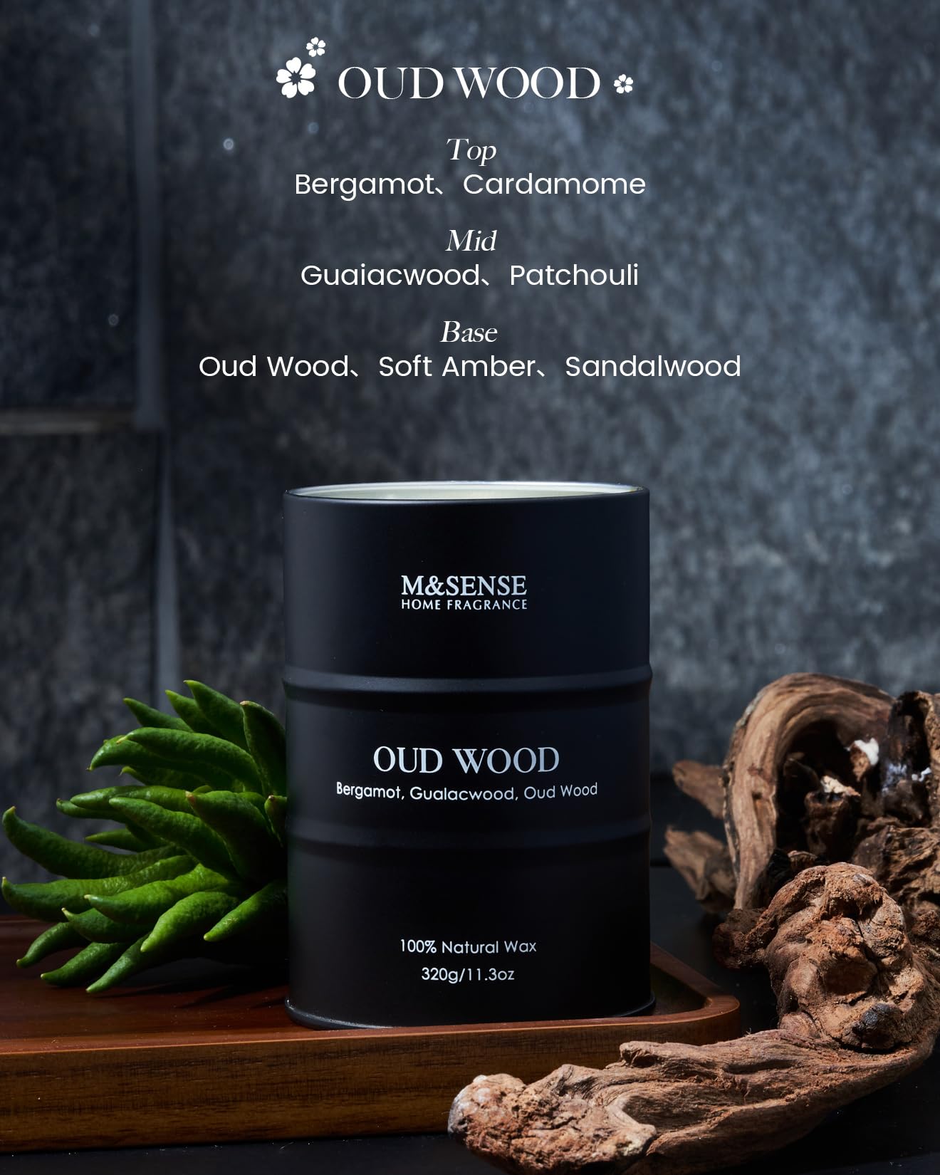 M&SENSE Sandwood candle lit in a cozy room with warm glow, inviting ambiance.