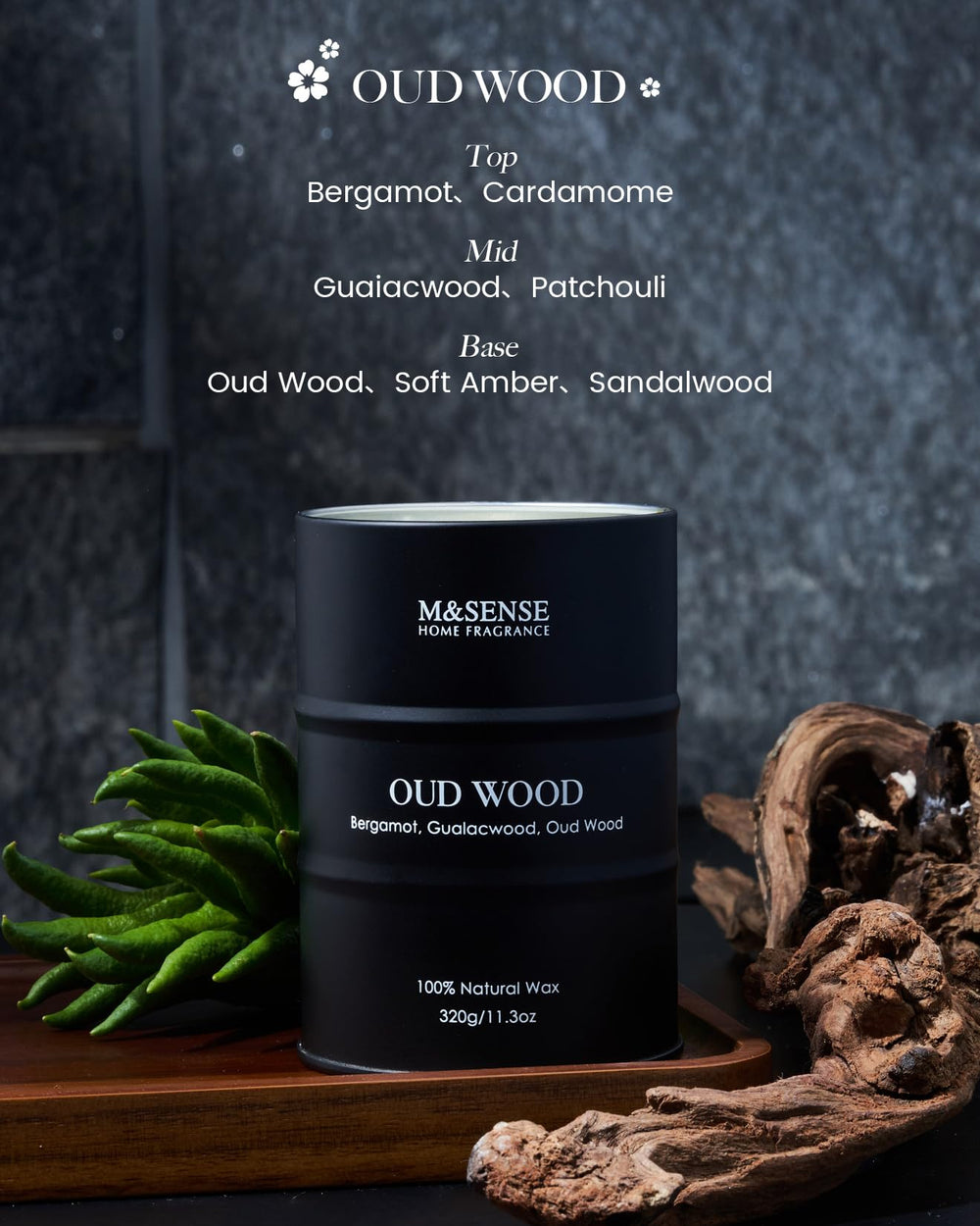 M&SENSE Sandwood candle lit in a cozy room with warm glow, inviting ambiance.