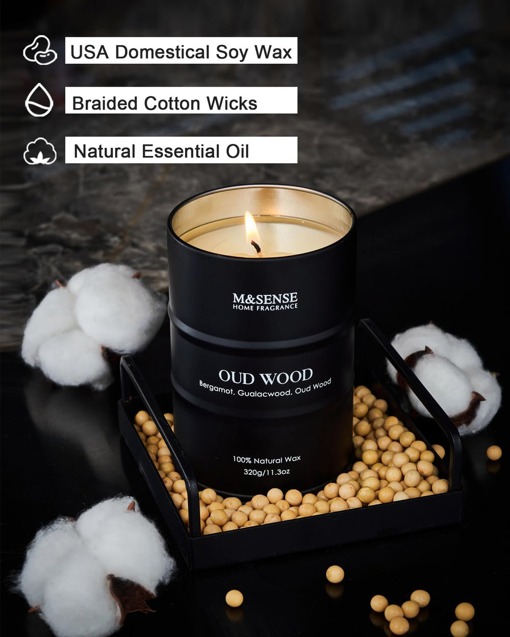 M&SENSE Sandwood candle packaging emphasizes sustainable, recyclable materials.