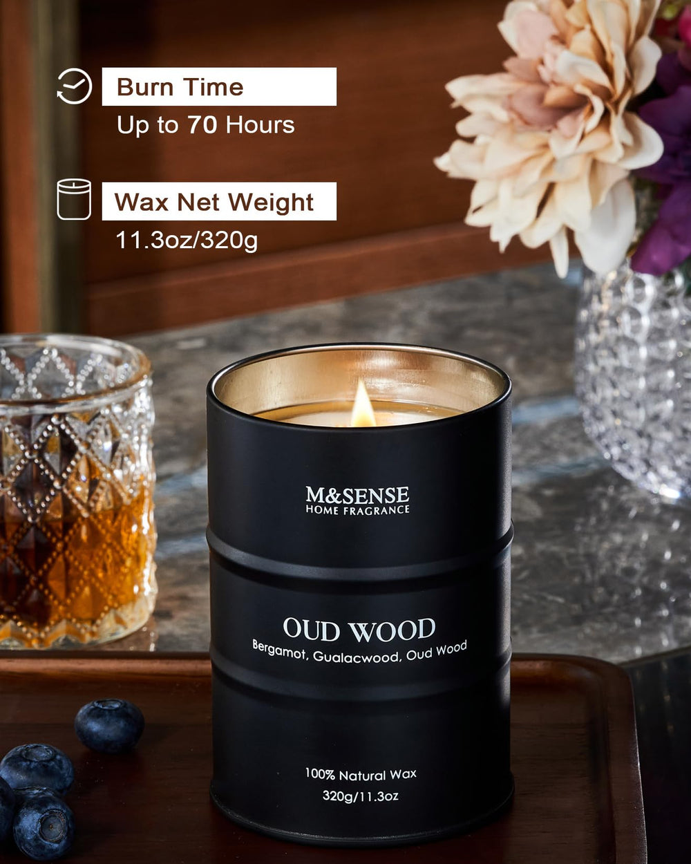 M&SENSE Sandwood candle uses natural soy-wax for cleaner burn.