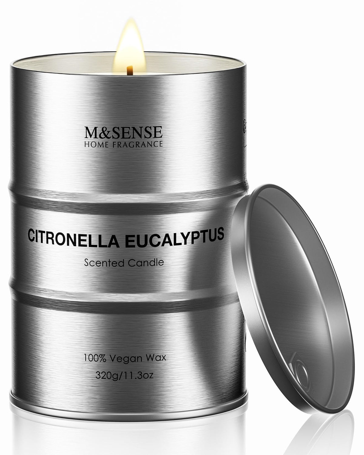 MSENSE scented candle Citronella Eucalyptus medium jar – front view highlights a sleek industrial finish for stylish decor
