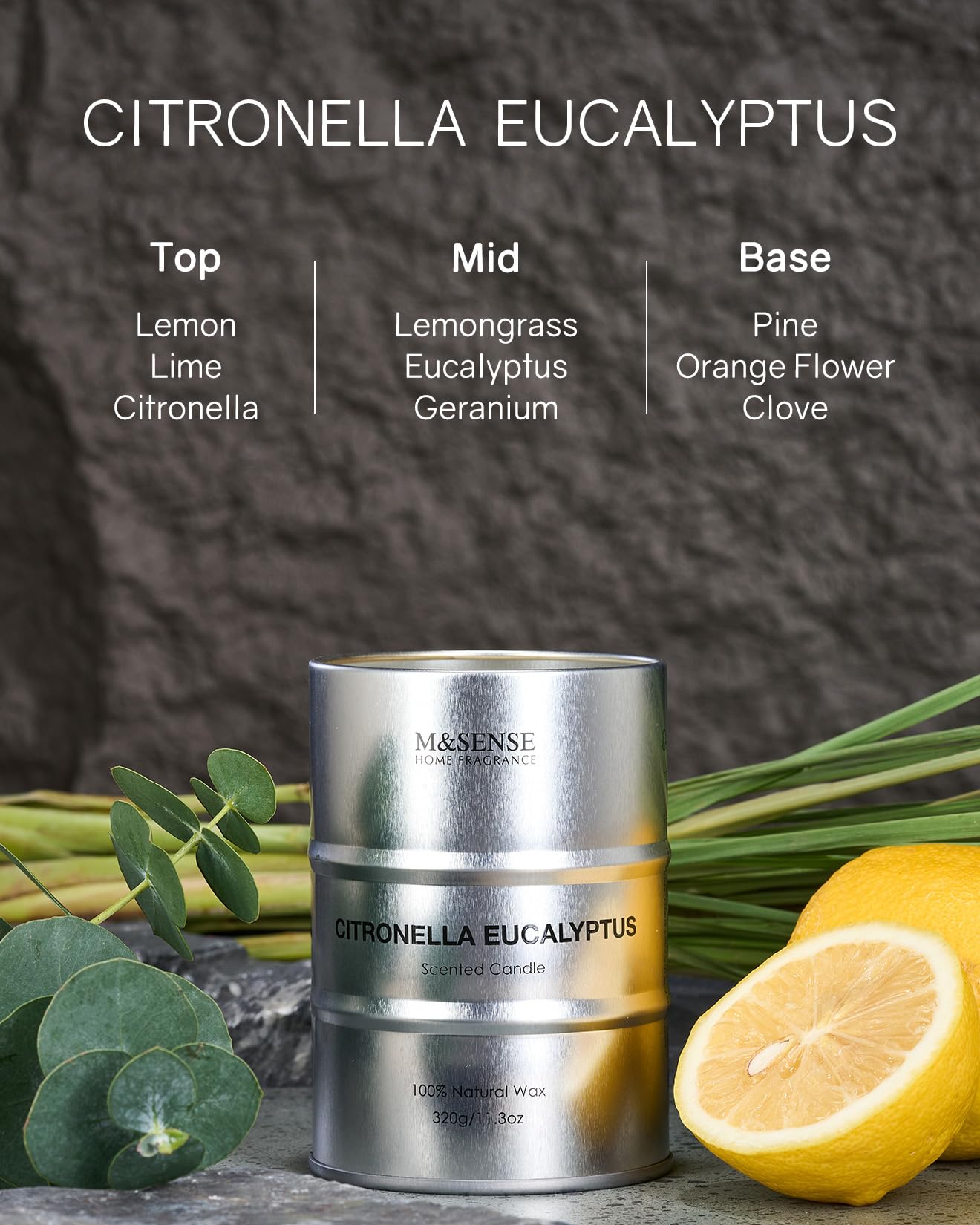 MSENSE scented candle Citronella Eucalyptus medium jar – top view shows durable tin container ideal for gifting