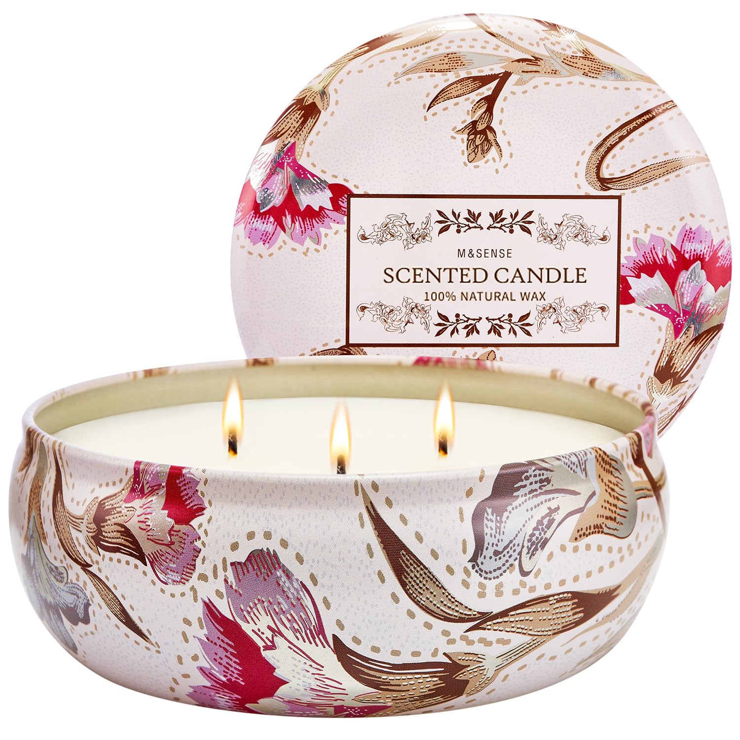 M&SENSE soy candle mimosa rose jar close-up, showcasing elegant styling and fragrance potential.