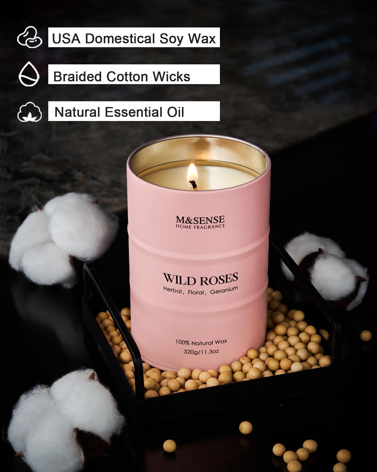 M&SENSE soy-wax ingredients highlight natural, renewable materials.