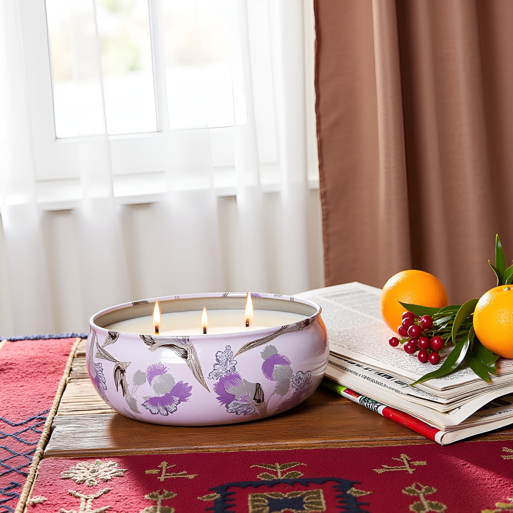 Close-up of M&SENSE candle showing three wicks and aroma dispersion.