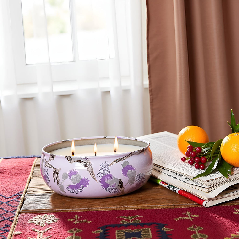 Close-up of M&SENSE candle showing three wicks and aroma dispersion.