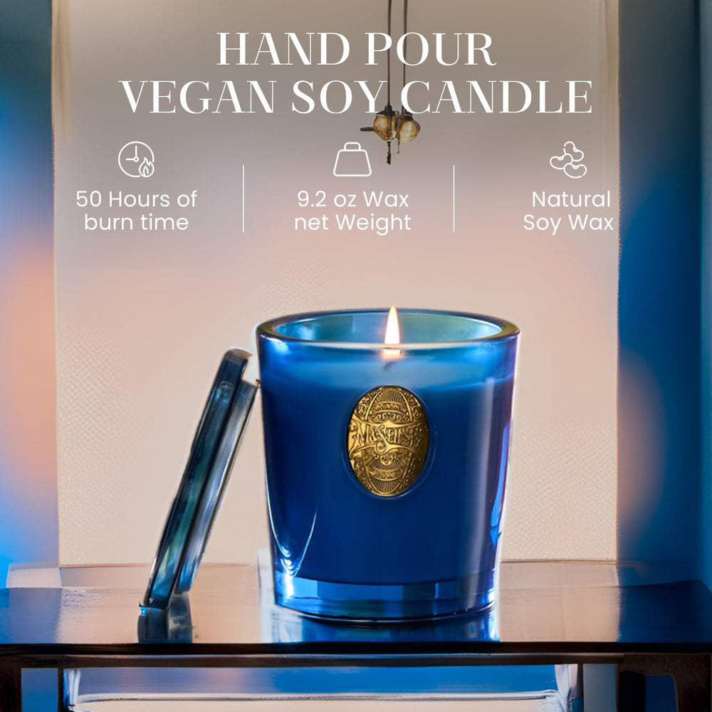 Msense Summer Night Blue candle amber glow in a cozy room setup for calm ambiance.
