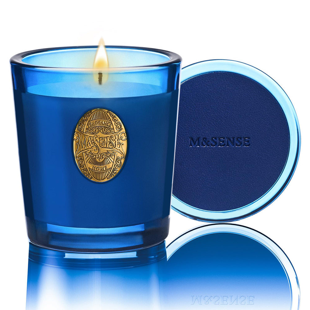 Msense Summer Night Blue candle vessel closeup showing elegant glass and steady burn.