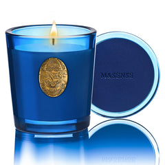 Msense Summer Night Blue candle vessel closeup showing elegant glass and steady burn.