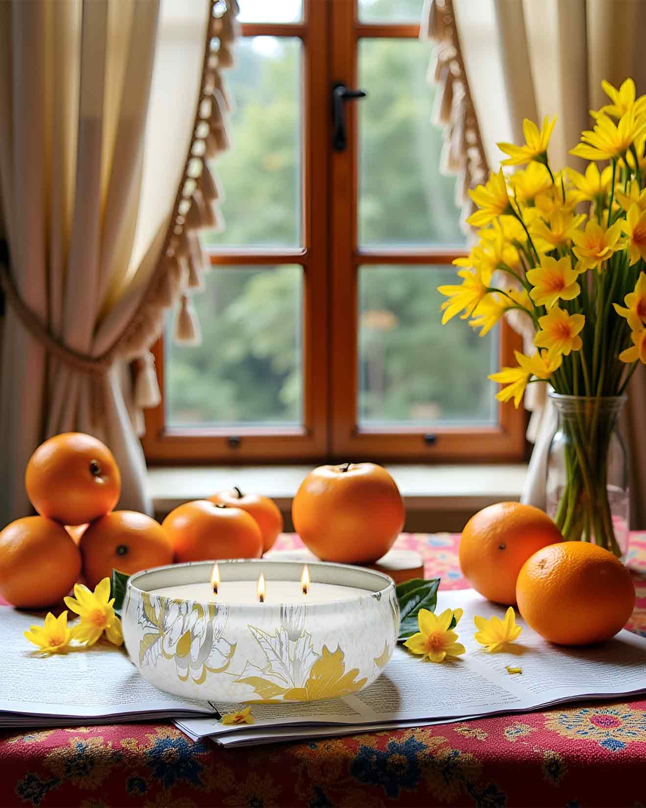 M&SENSE Sunkissed Citrus soy-wax candle in a reusable tin enhances decor with bright aroma.