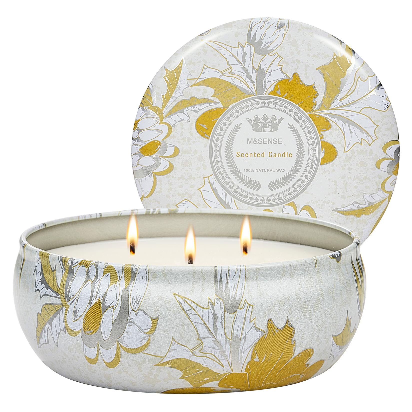 M&SENSE Sunkissed Citrus 3-wick tin candle emits a powerful citrus scent in a large room.