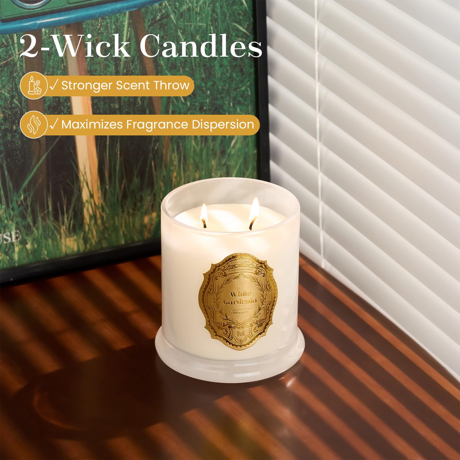 M&SENSE 2-wick candle lit during meditation for a calming ambiance.