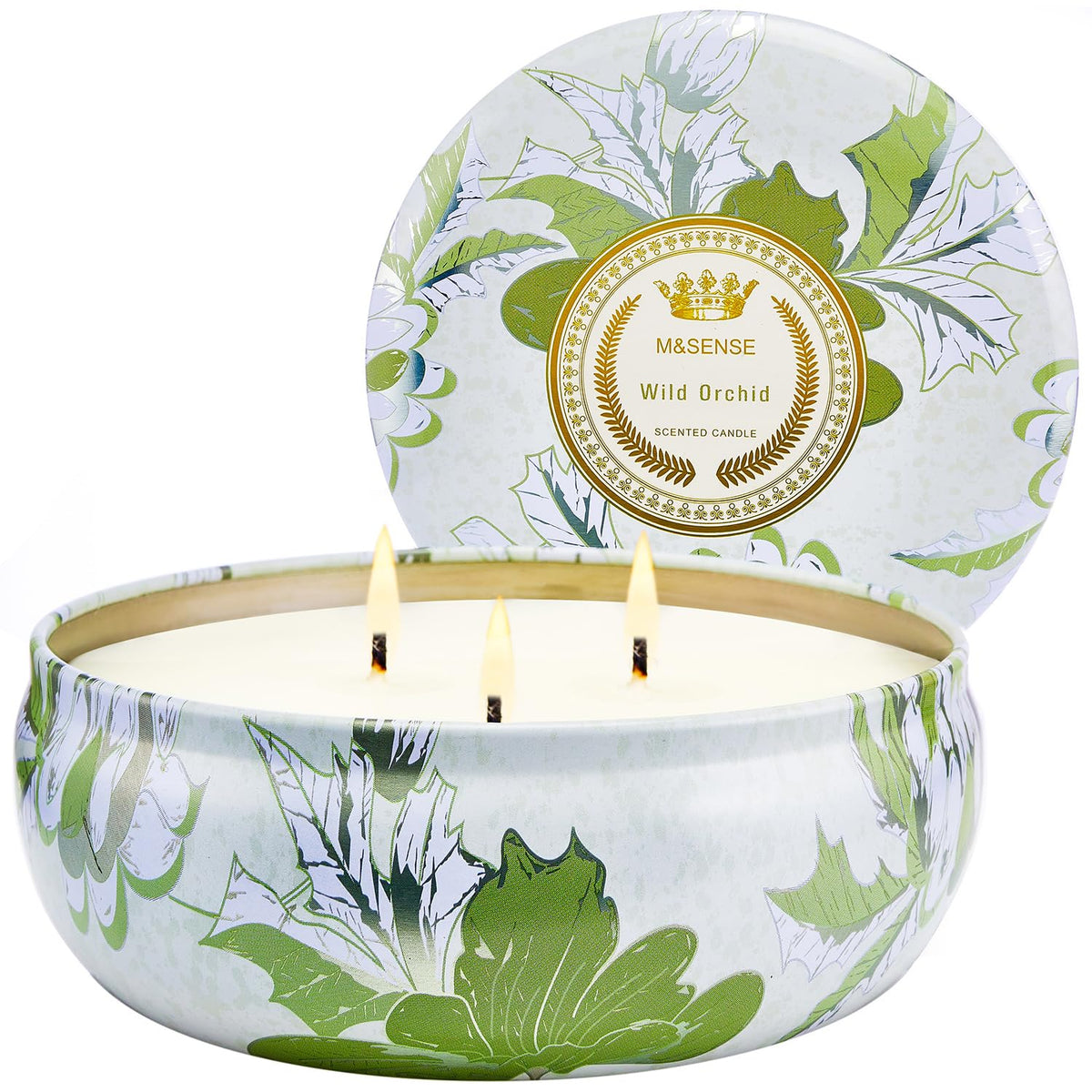 M&SENSE Wild Orchid 3-wick candle in a tin for bold fragrance.