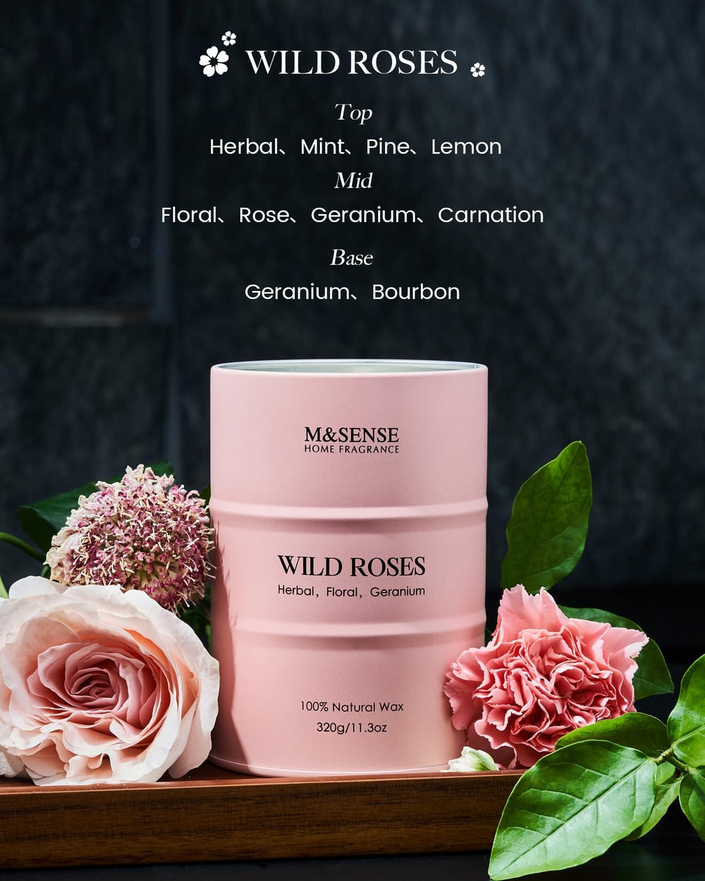 M&SENSE Wild Rose candle burning to create warm ambience in a cozy room.