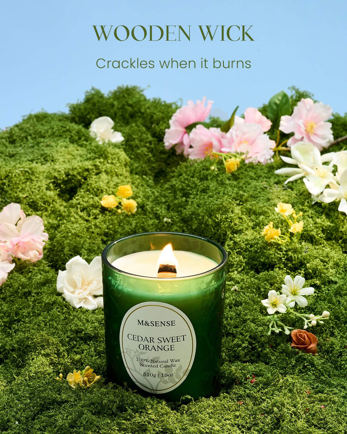 M&SENSE wooden wick crackle to create a cozy ambiance.
