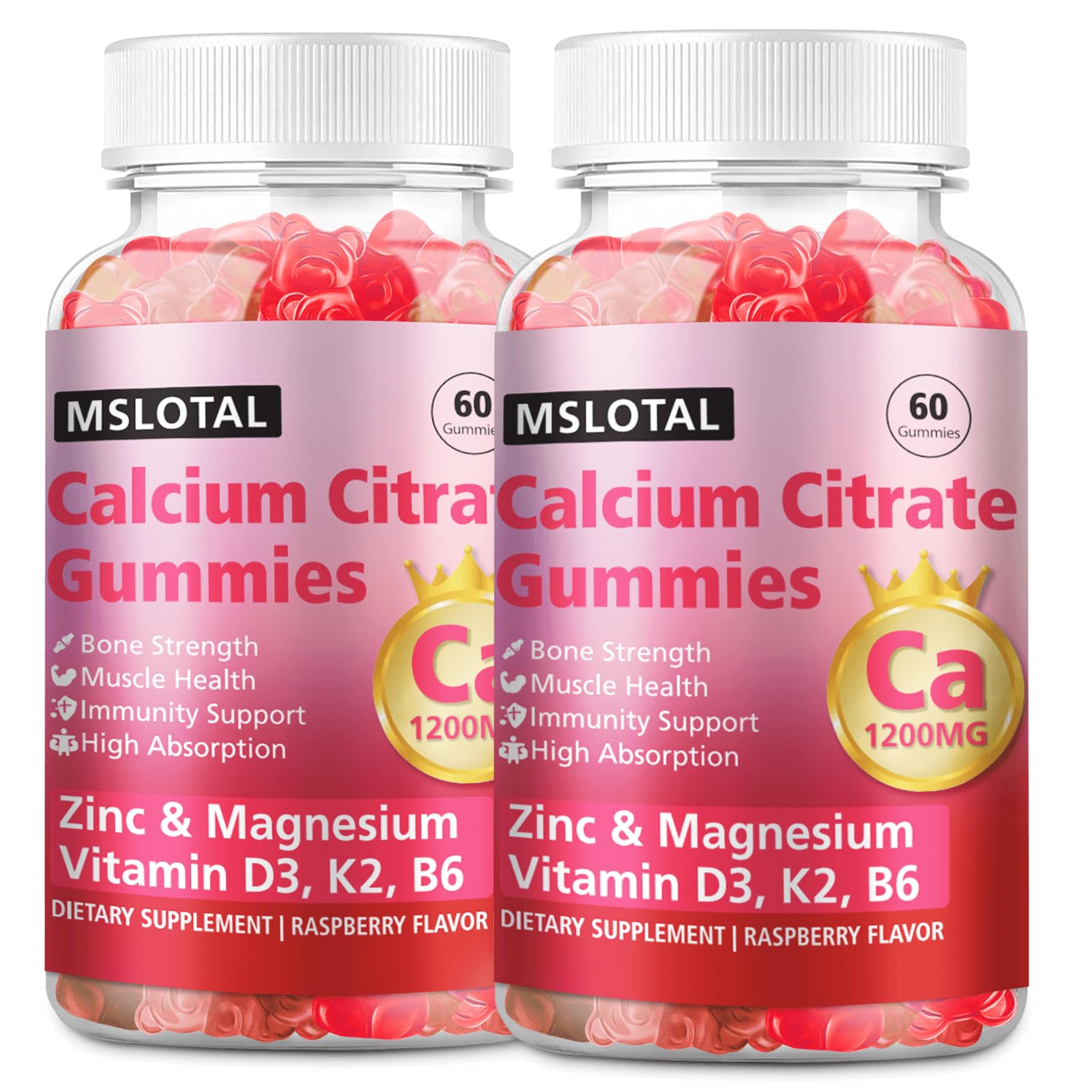 MSLOTAL Calcium Citrate Gummies bottle with raspberry flavor for bone and muscle support