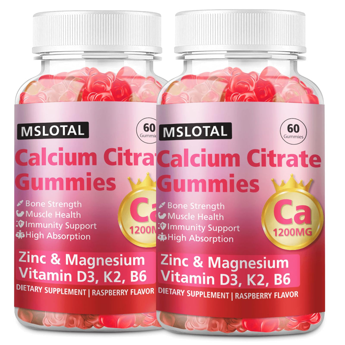 MSLOTAL Calcium Citrate Gummies bottle with raspberry flavor for bone and muscle support