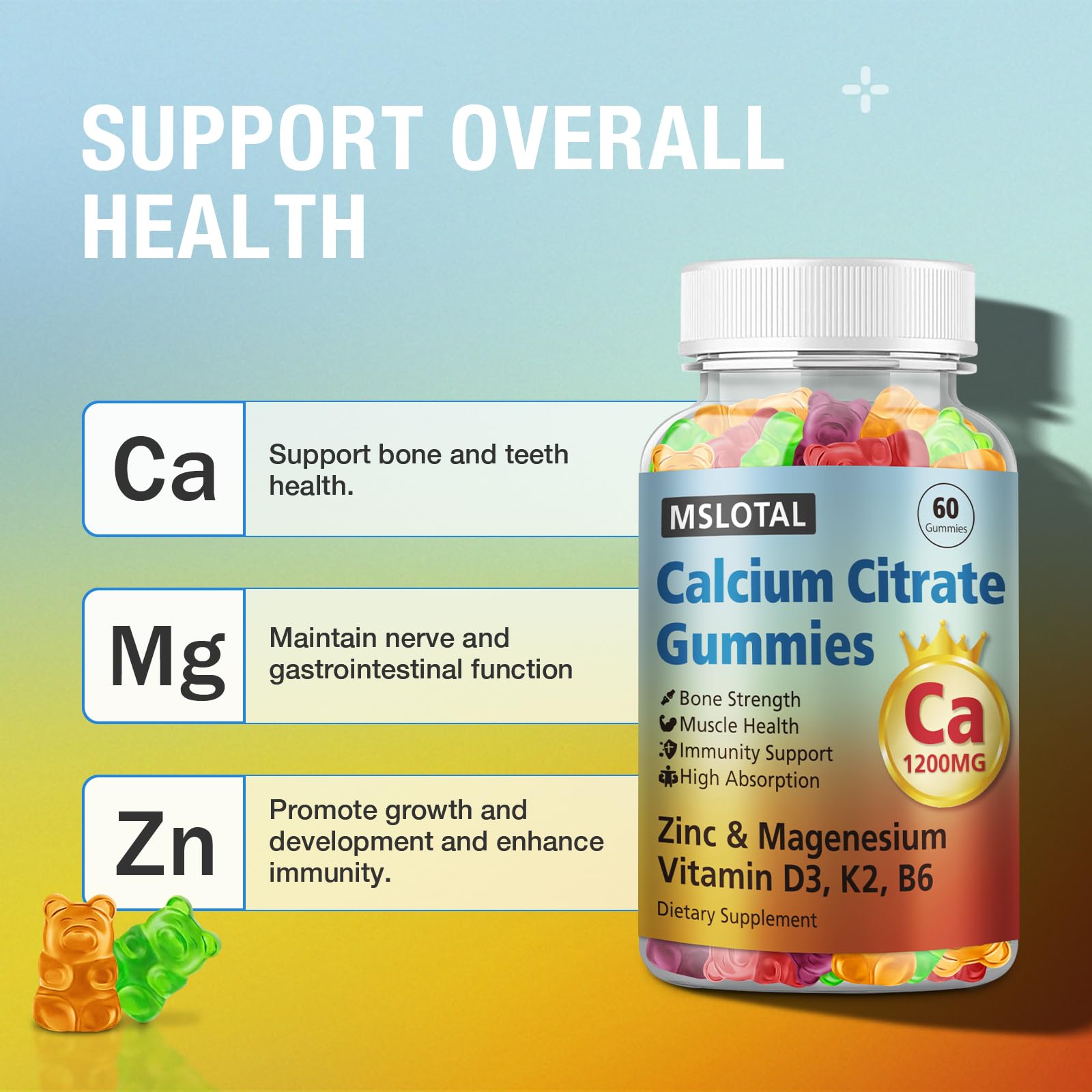Satisfaction guarantee seal on MSLOTAL Calcium Citrate Gummies packaging
