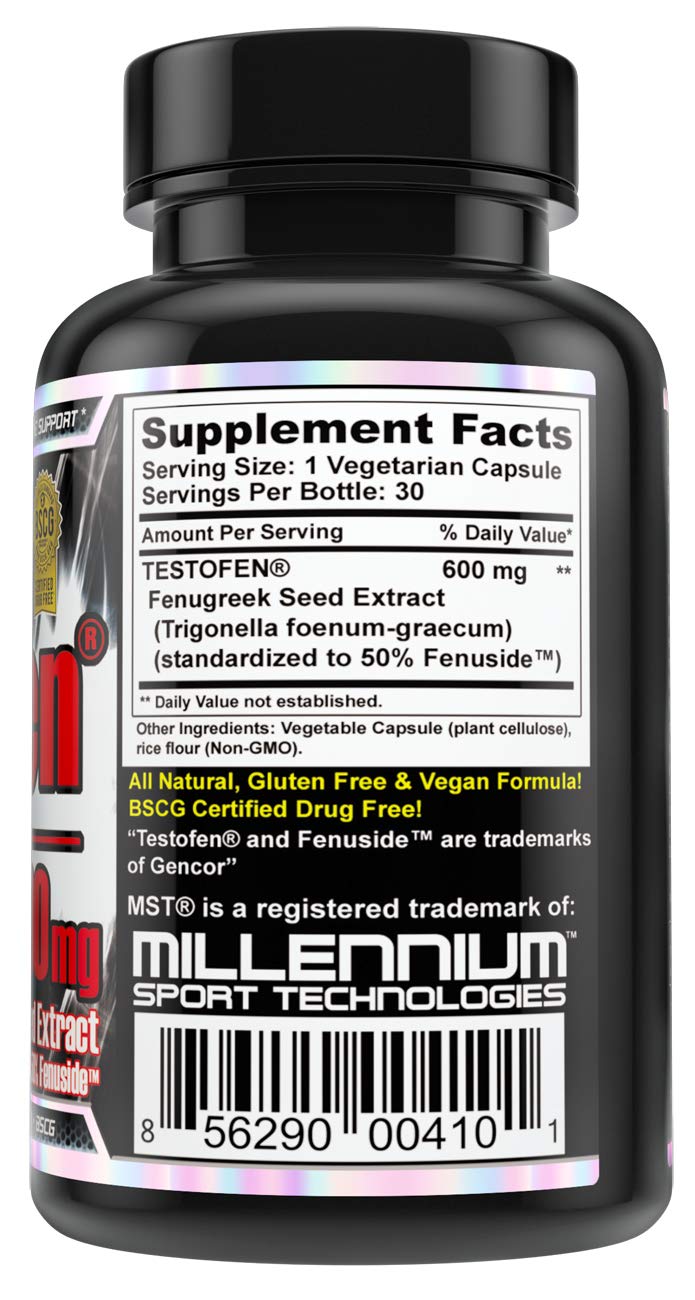 MST Testofen capsules close-up emphasizing clinically formulated fenugreek extract.