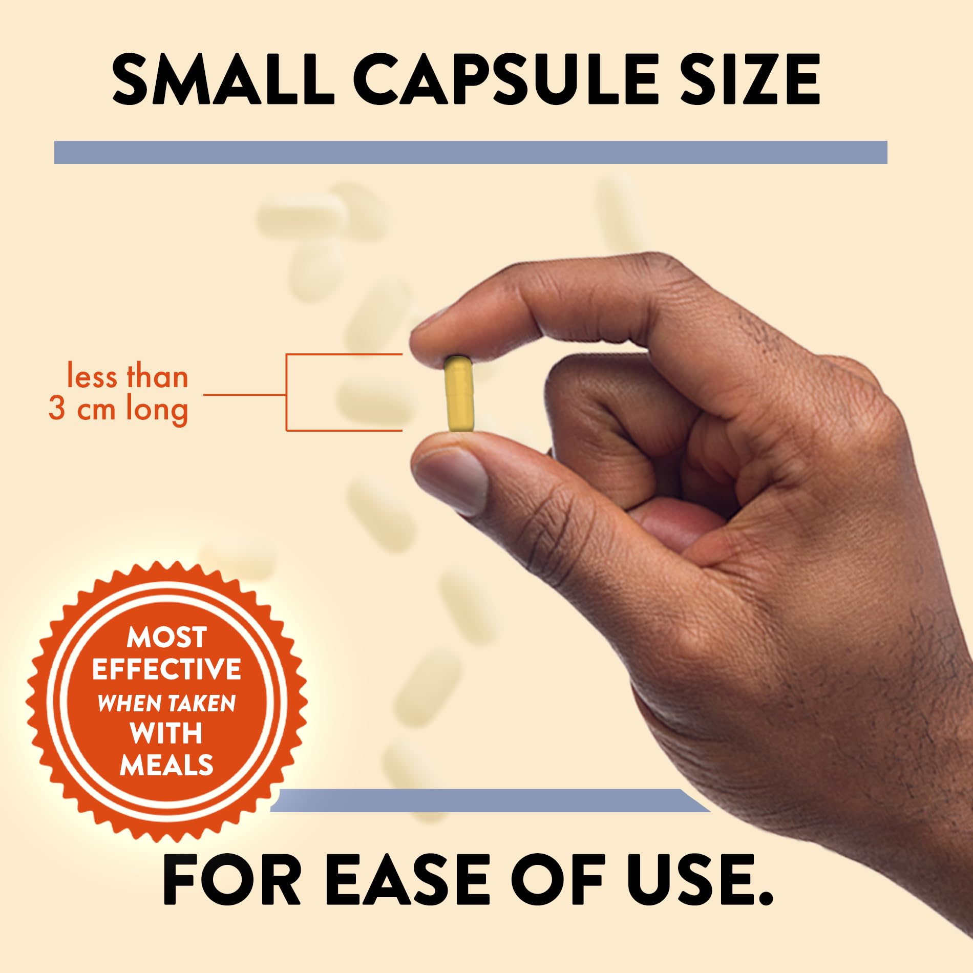 Mt. Angel Vitamins bottle next to common supplement for scale to show compact 60-capsule size