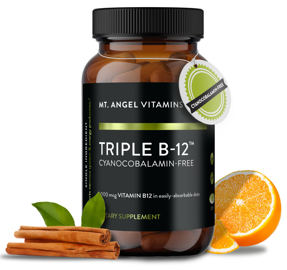 Mt. Angel Vitamins Triple B-12 Dots bottle front for easy daily energy support.