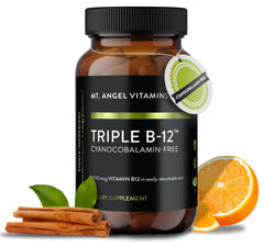 Mt. Angel Vitamins Triple B-12 Dots bottle front for easy daily energy support.