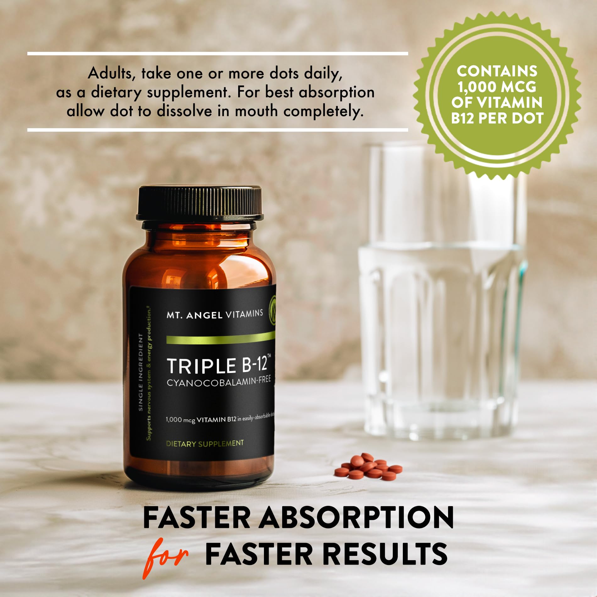 Mt. Angel Triple B-12 Dots travel-friendly packaging for on-the-go routines.