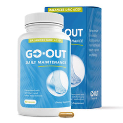 Mt. Angel Vitamins Go Out Daily Maintenance bottle supports daily uric acid balance.
