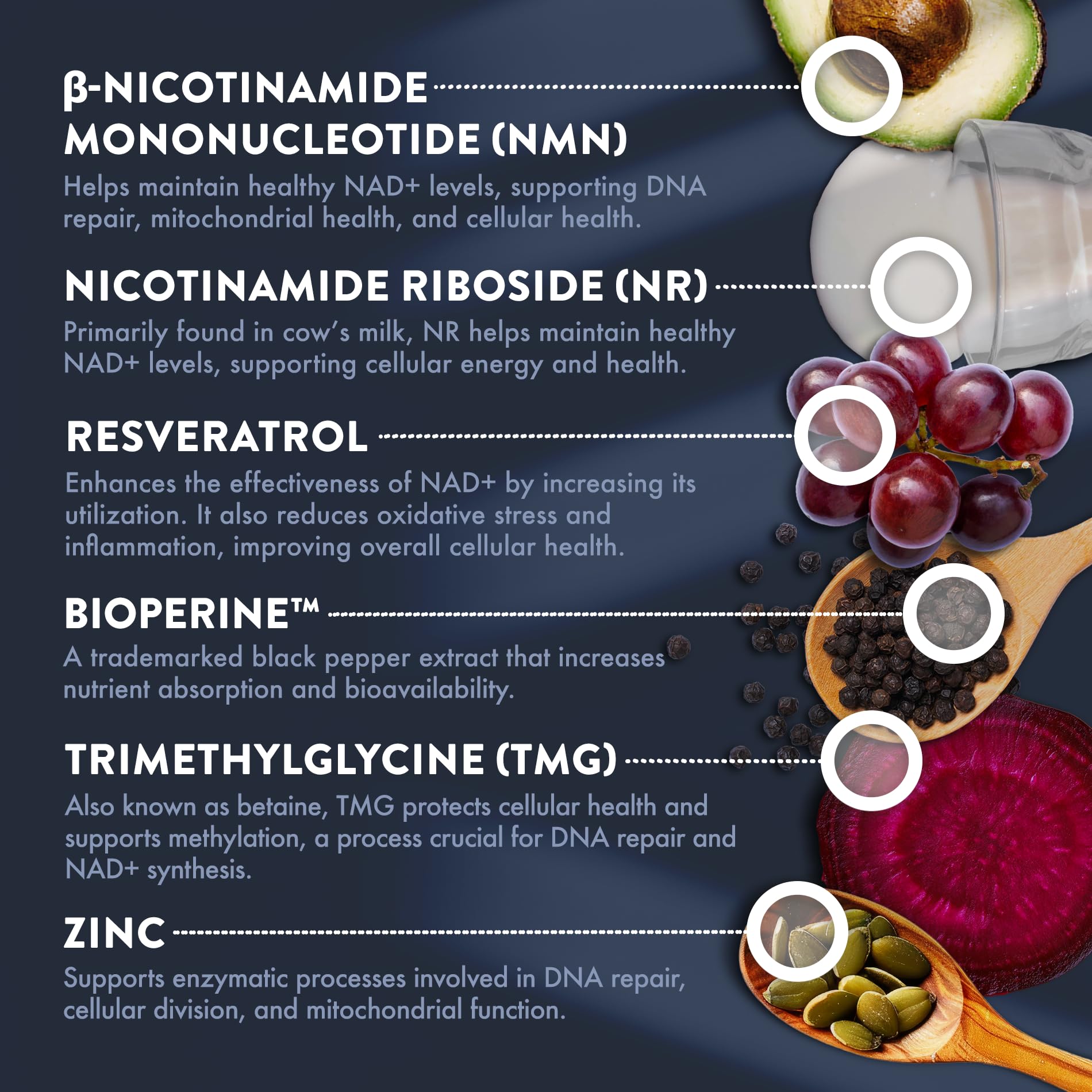 Mt. Angel Vitamins NMN NR ingredients panel featuring resveratrol and TMG